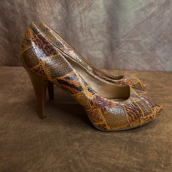 Candie's Stanton Print Patchwork Animal Print Pumps Open Toe High Heel Size 9.5 - Picture 2 of 11